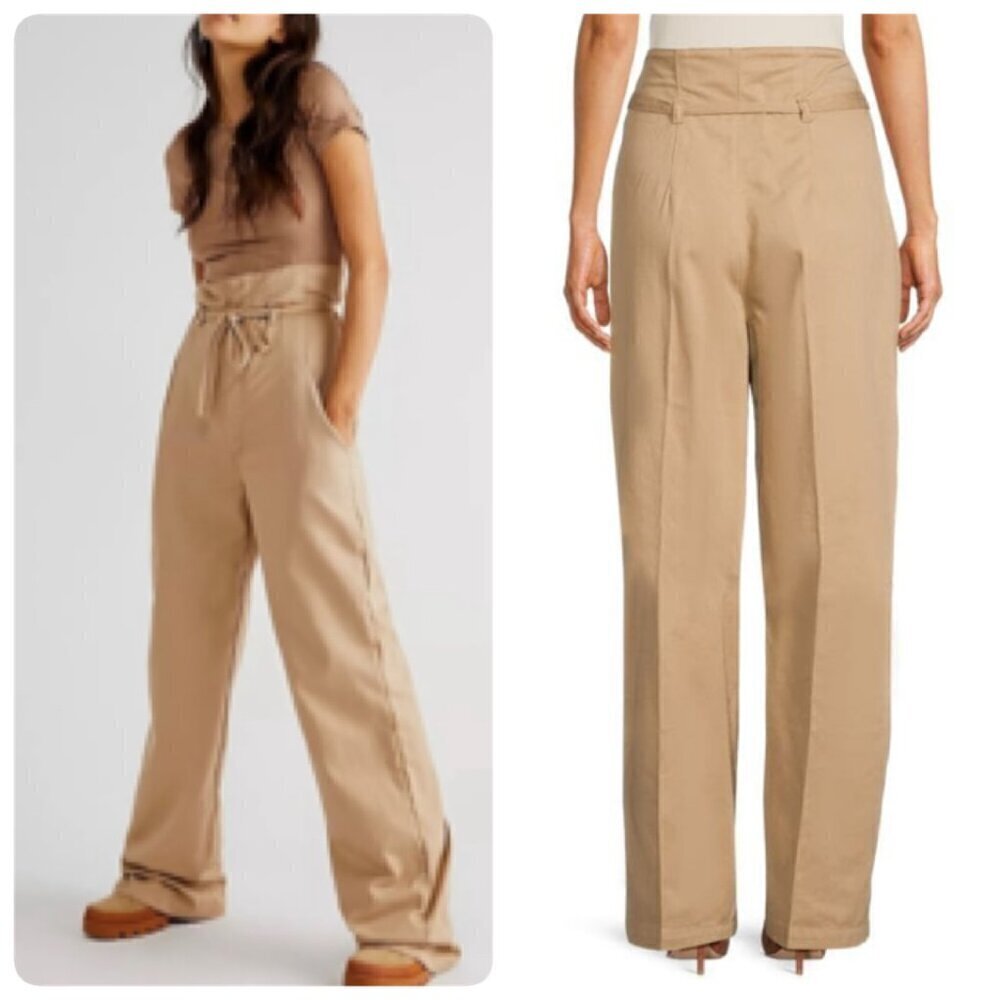 Boyish Cinched Straight LONG HEM Paper Bag Wide Leg Pants Sz 25 in KHAKI TAN